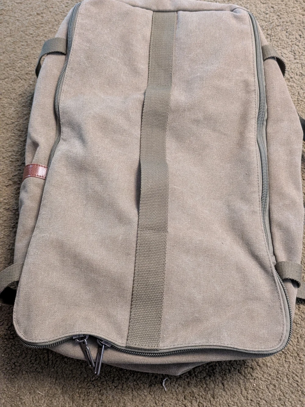 Canvas Travel Backpack in Khaki with Leather Accents - Picture 2 of 13